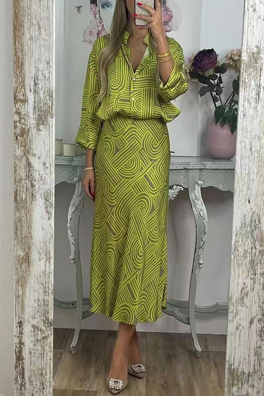 Daily Geometric Print Buttons Turndown Collar Three Quarter Two Pieces(3 Colors)