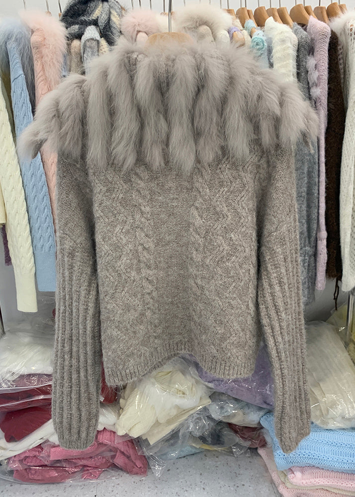 Coffee Fox Collar Zippered Patchwork Cotton Knit Cardigans Winter