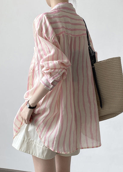 Pink Peter Pan Collar Striped Linen Shirt Tops Fall
