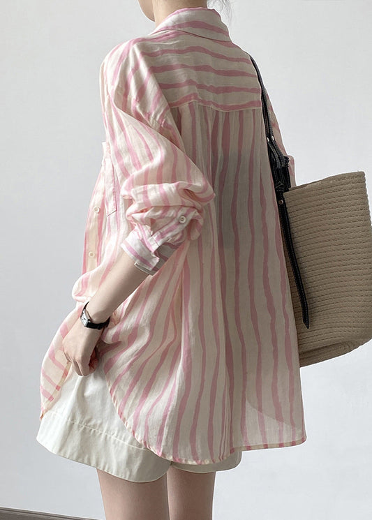 Pink Peter Pan Collar Striped Linen Shirt Tops Fall