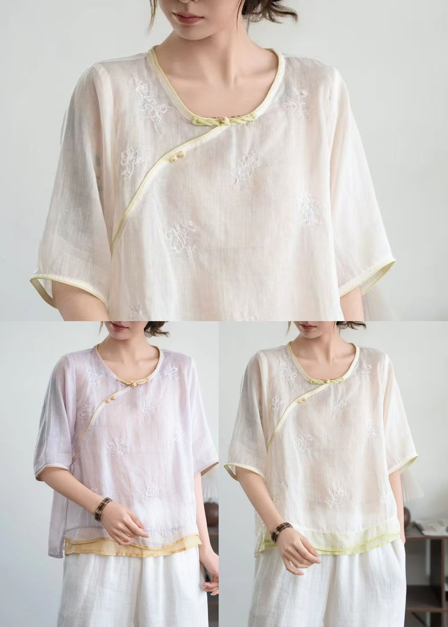 Beige Embroidered Patchwork Linen Oriental Shirt Summer