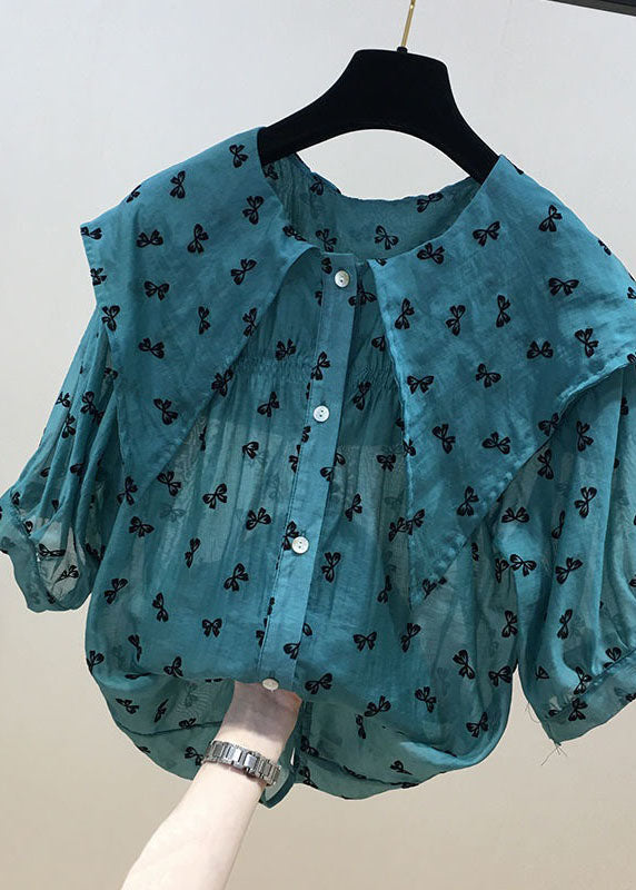 Red Peter Pan Collar Print Chiffon Shirts Tops Summer