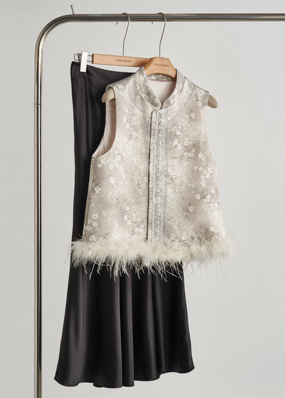 Art Light Grey Jacquard Patchwork Feather Silk Vests Fall