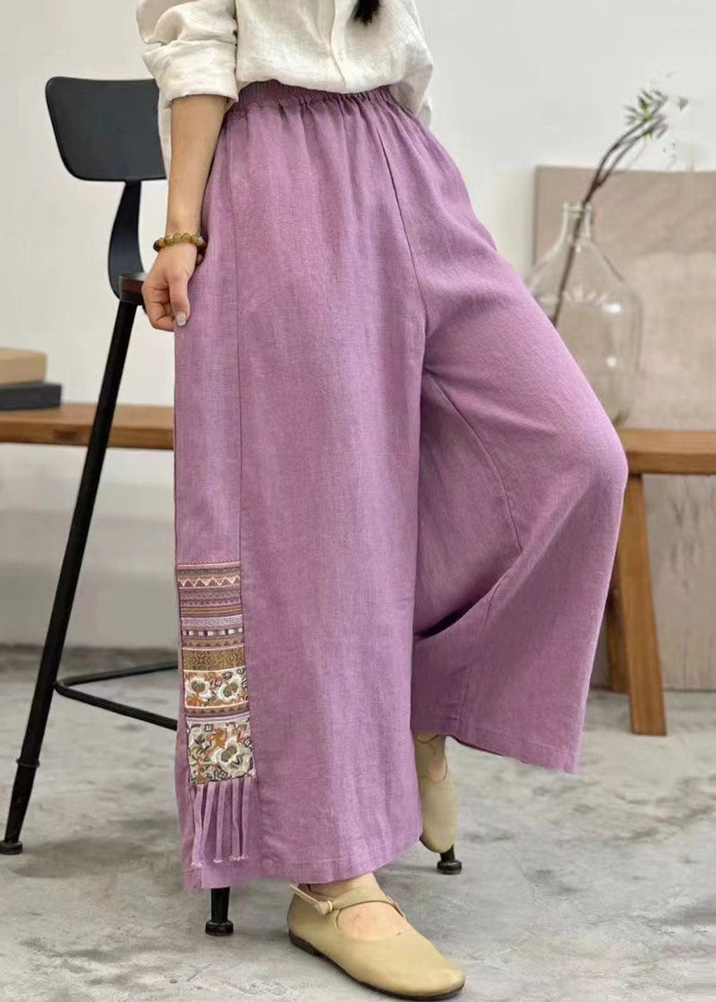 Linen Embroidered Pockets Elastic Waist Cotton Wide Leg Pants Summer