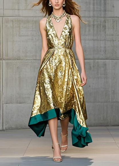 Golden Jacquard Exra Large Hem Halter Dress Summer