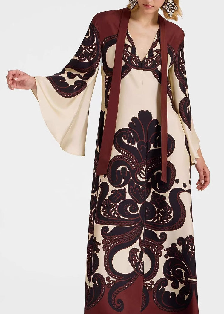 French V Neck Print Lace Up Cotton Long Dress Flare Sleeve