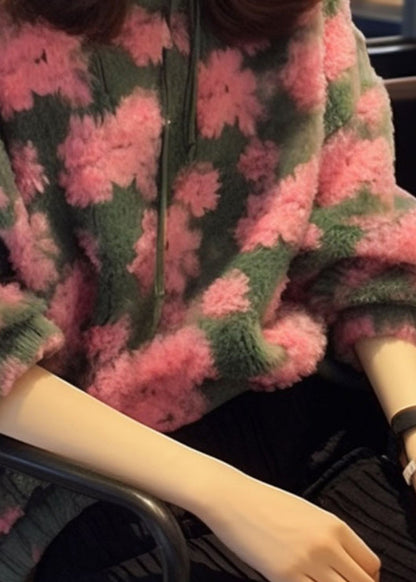 Pink O Neck Jacquard Faux Fur Knit Sweaters Fall