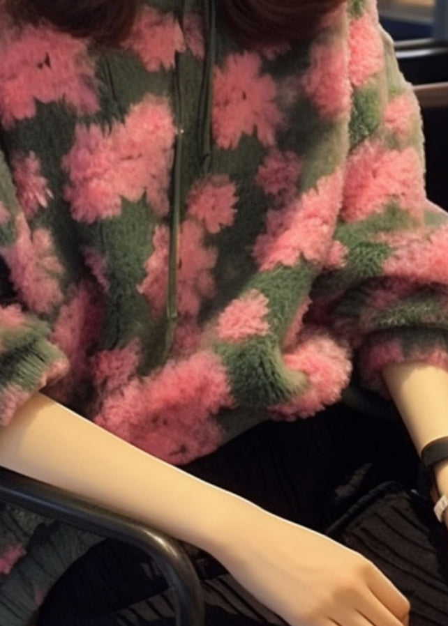 Pink O Neck Jacquard Faux Fur Knit Sweaters Fall