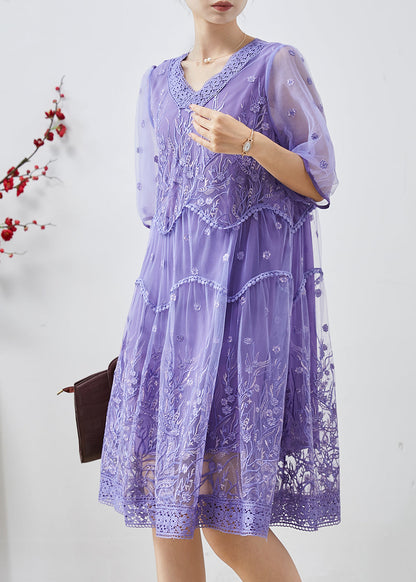 Purple Embroidered Tulle Party Dress Summer