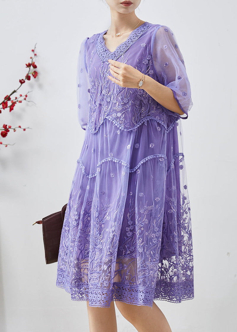 Purple Embroidered Tulle Party Dress Summer