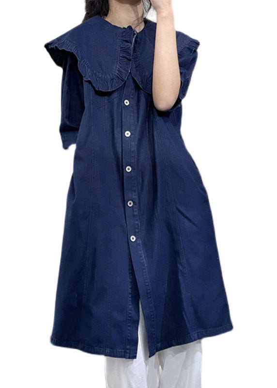 Denim Blue Peter Pan Collar Ruffled Cotton Vacation Dresses Short Sleeve