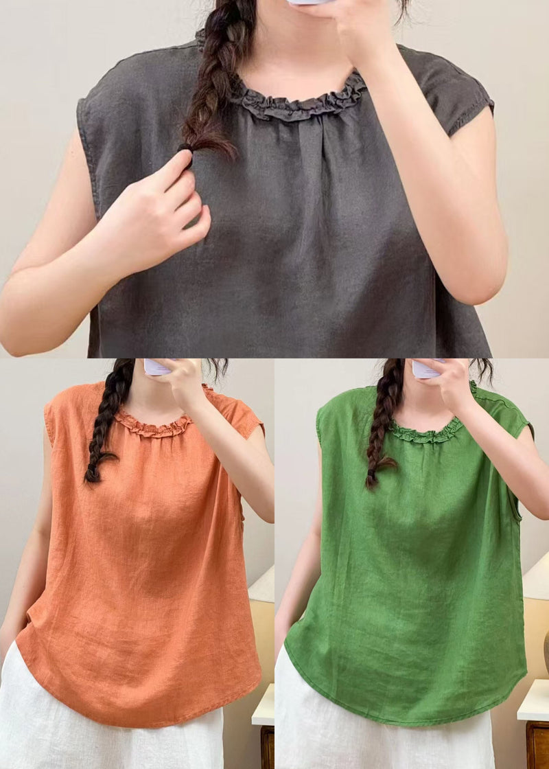 Orange Ruffled Linen Shirt Top Sleeveless