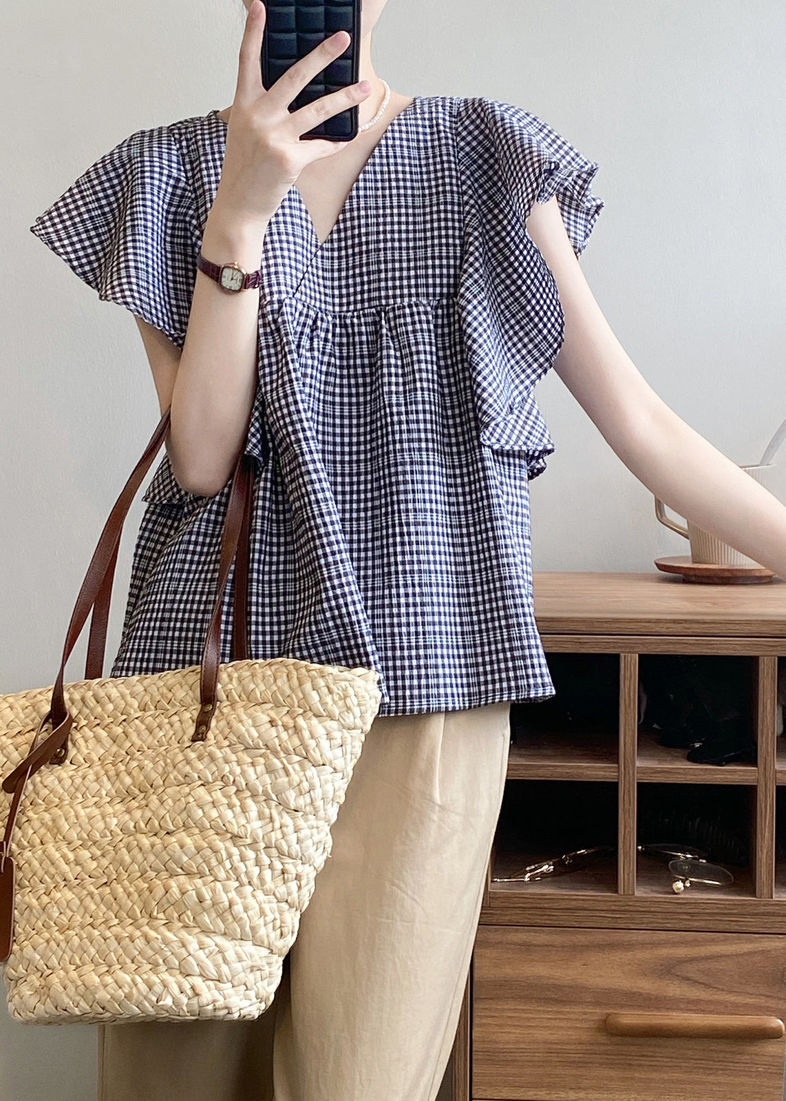V Neck Plaid Cotton Shirts Top Butterfly Sleeve