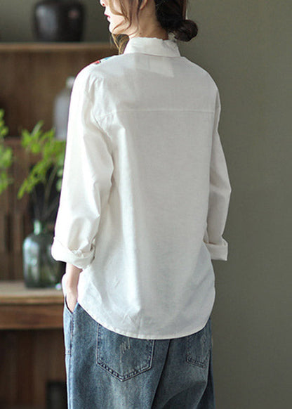 White Peter Pan Collar Print Button Linen Shirt Long Sleeve