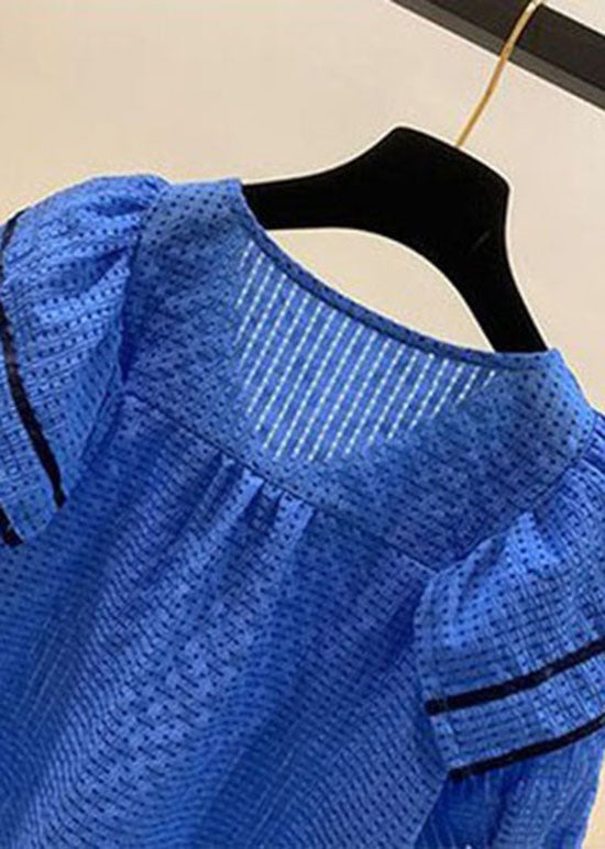 Blue Ruffled Patchwork Chiffon Shirt Tops Summer