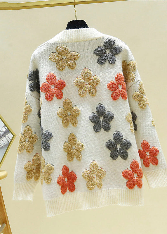 Italian Beige V Neck Embroideried Cozy Knit Cardigans Fall
