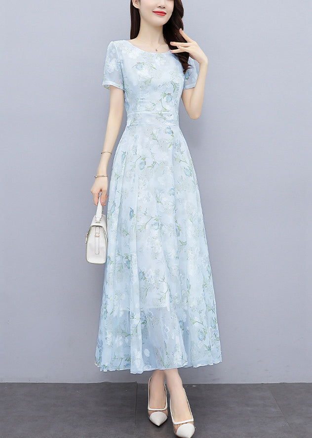 Light Blue Print Silm Fit Chiffon Long Dresses Summer
