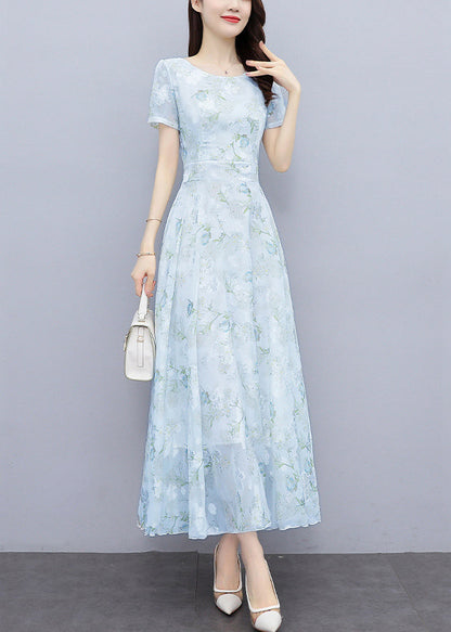 Light Blue Print Silm Fit Chiffon Long Dresses Summer