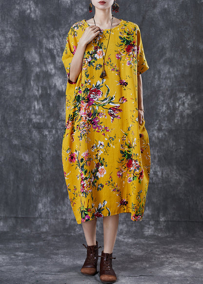 Diy Yellow Oversized Print Cotton Maxi Dresses Summer