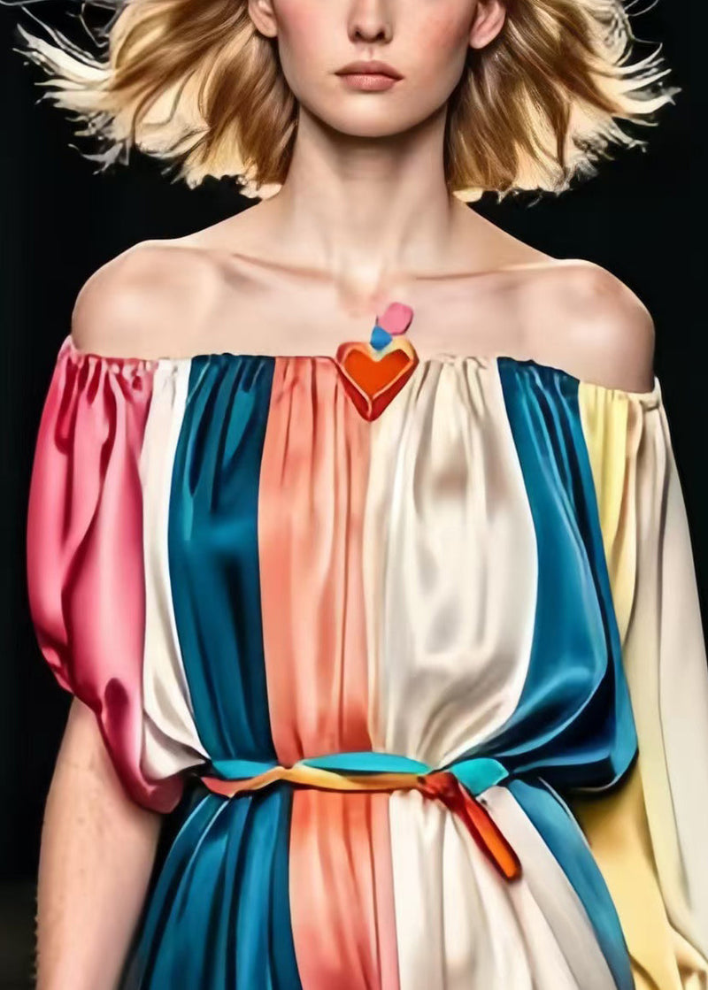 Diy Colorblock Cold Shoulder Patchwork Silk Party Dress Summer