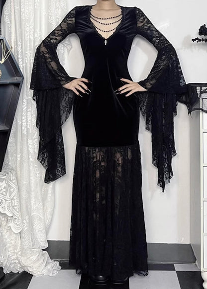 Black V Neck Lace Patchwork Silk Velvet Long Dresses Flare Sleeve