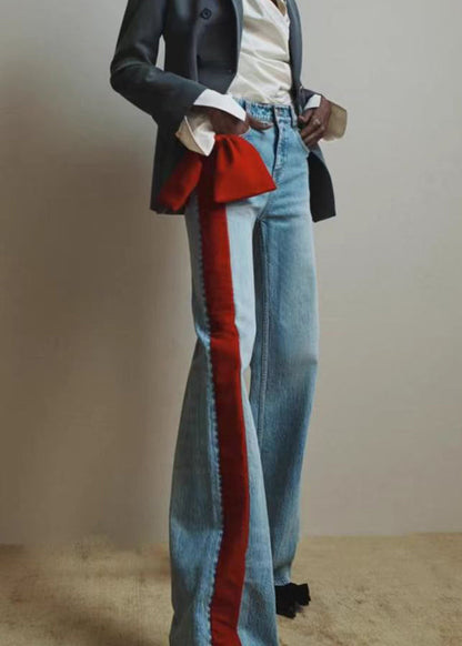Red Pockets Bow Patchwork Denim Pants Fall