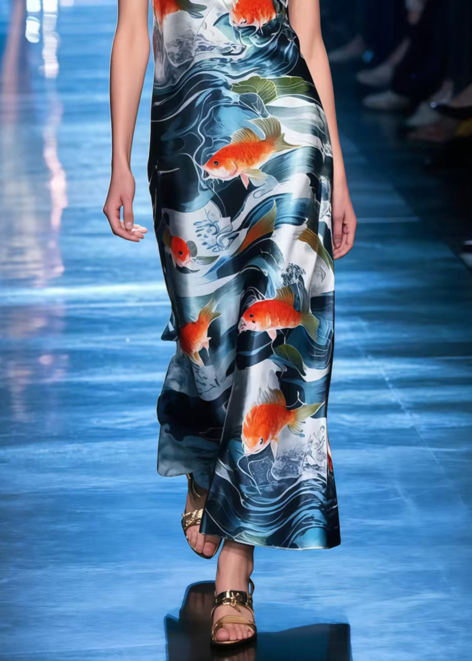 Navy V Neck Print Silk Cami Dress Summer