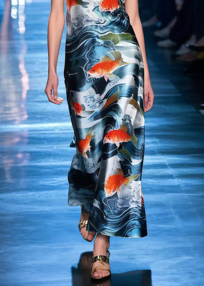 Navy V Neck Print Silk Cami Dress Summer