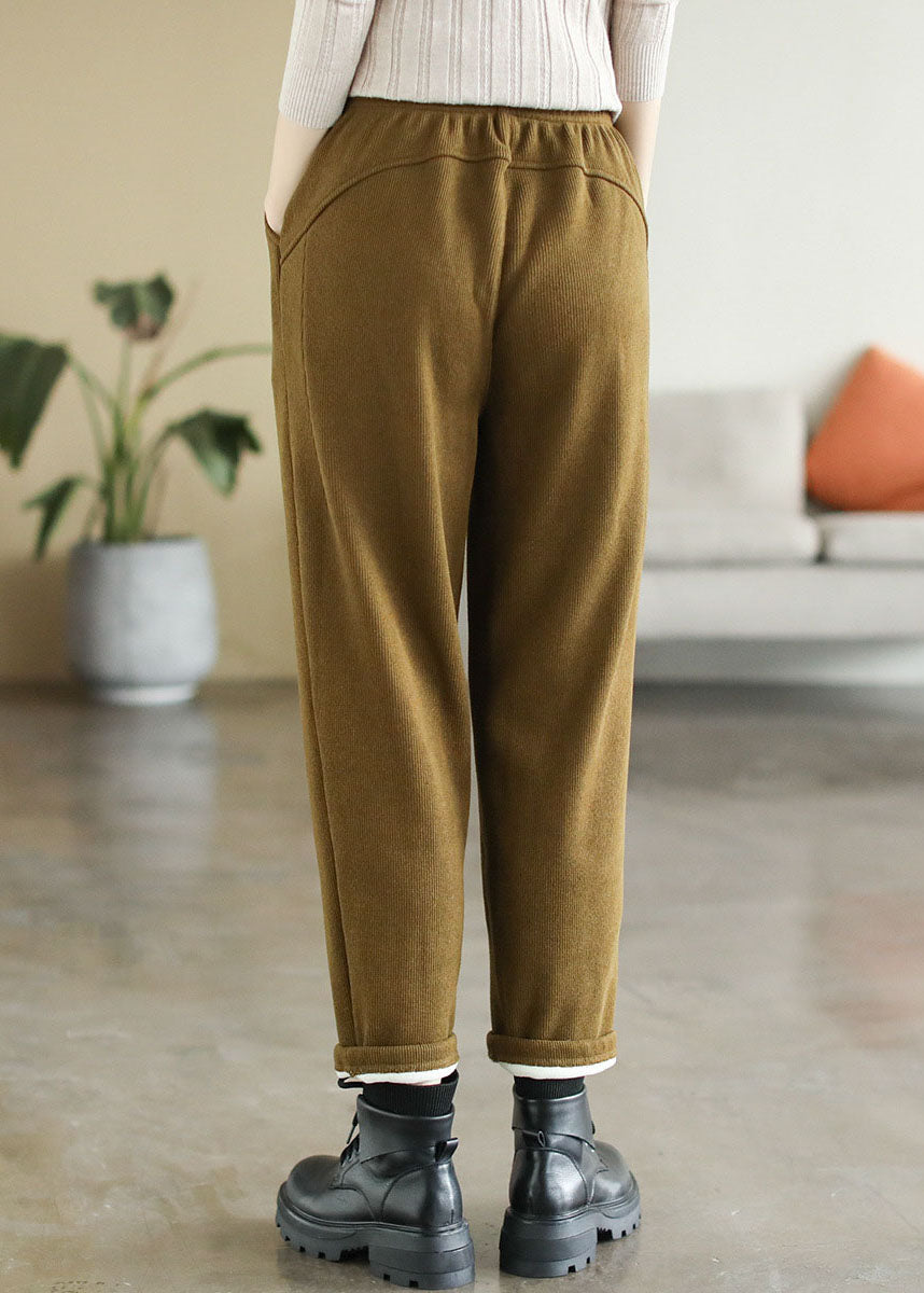 Yellow Elastic Waist Pockets Warm Fleece Corduroy Pants Winter