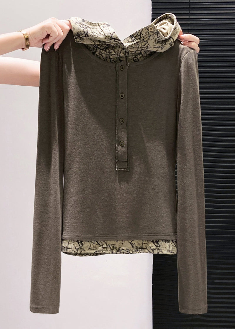 Brown Hooded Patchwork Cotton Fake Two Piece Tops Fall