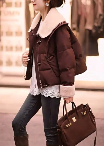 Brown Peter Pan Collar Patchwork Fine Cotton Filled Jackets Winter