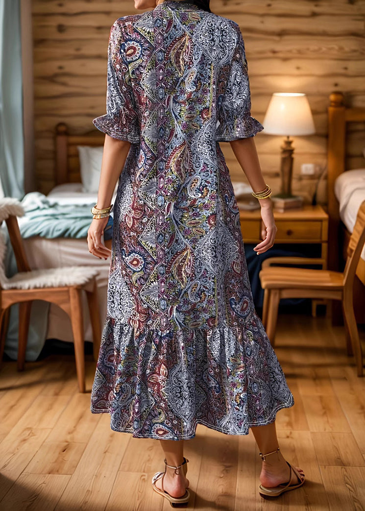 Red V Neck Print Wrinkled Patchwork Cotton Long Dresses Summer