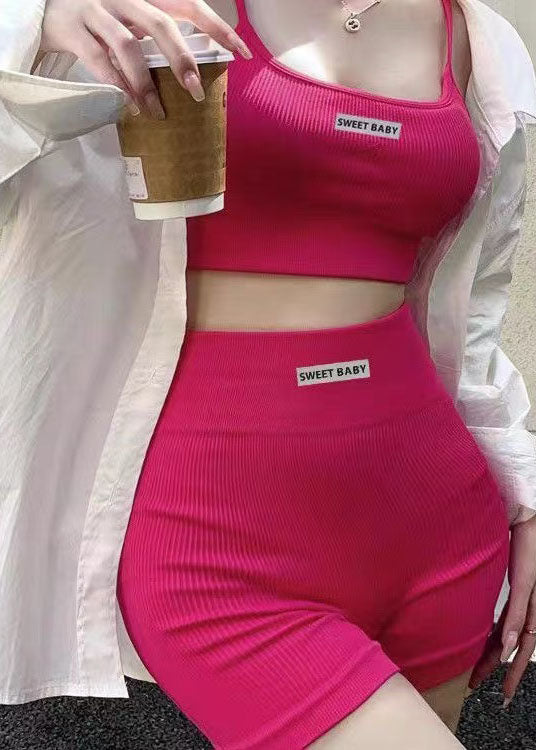 Rose Sports Bra Tank Top Shorts Set