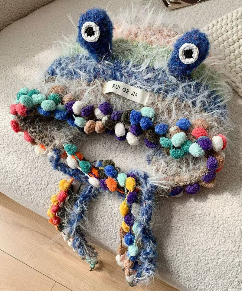 Unique Blue Fuzzy Fur Knit Warm Bonnie Hat