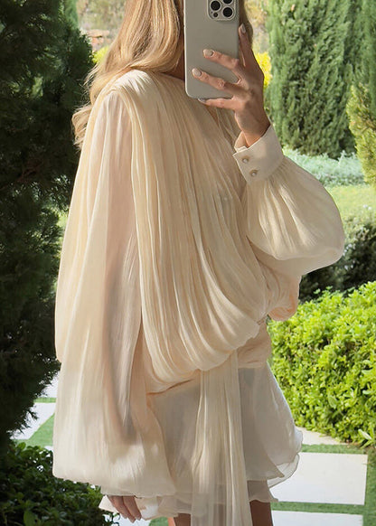 Apricot Wrinkled Lace Up Tulle Mini Dress Spring