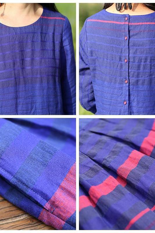 Loose Linen Blue Striped Dress