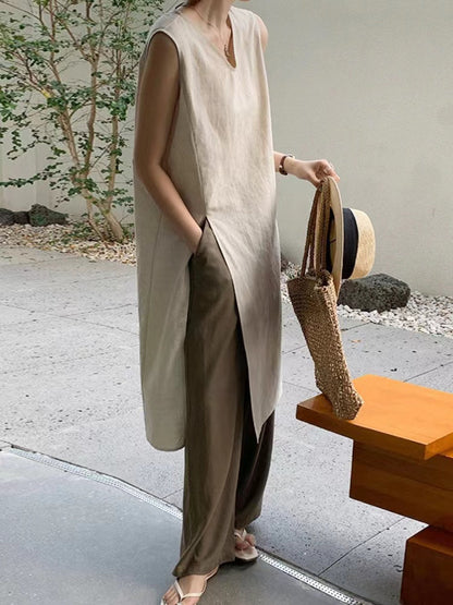 Linen Slit Sleeveless Simple Dress