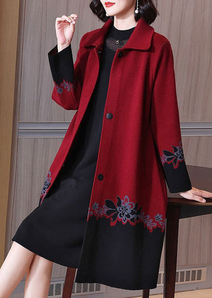 Red Button Print Patchwork Cotton Knit Coats Long Sleeve Fall