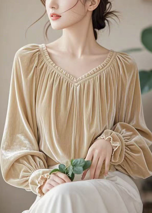 Simple Coffee V Neck Wrinkled Silk Velour Shirt Spring