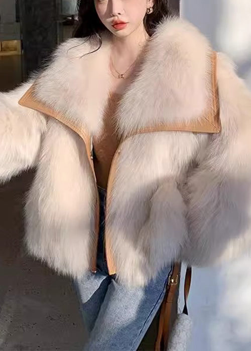 Beige Peter Pan Collar Button Leather and Fur Coats Spring
