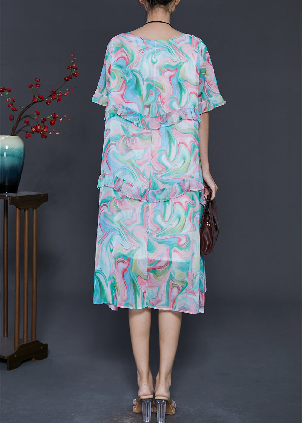 Blue Ruffled Print Chiffon Day Dresses Summer