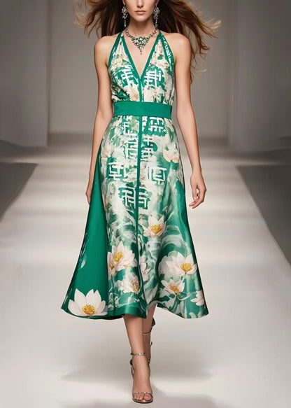 Green Cinched Print Silk Halter Dresses Summer