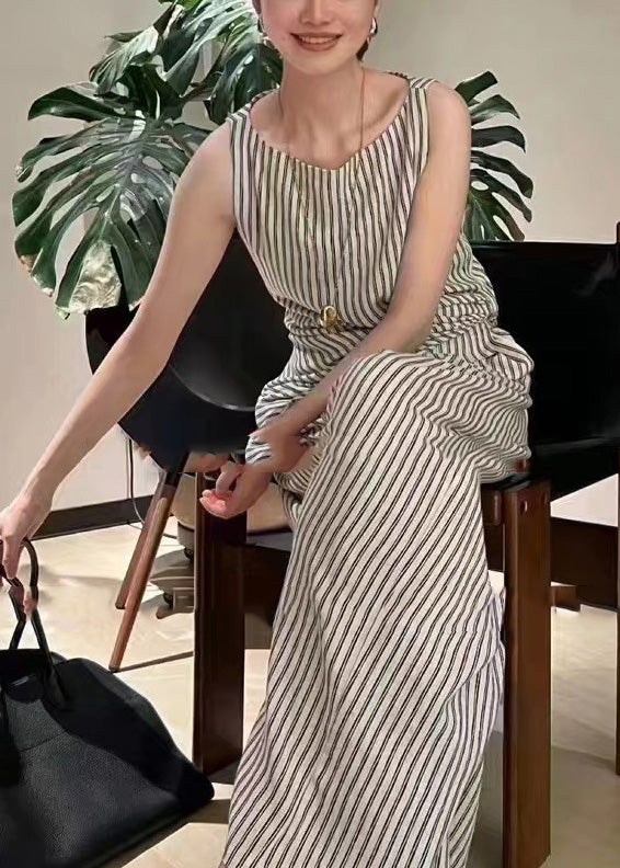 Italian Striped Slash Neck Wrinkled Linen Top and Pants Two Pieces Set Sleeveless