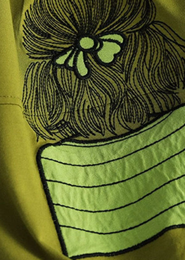 Green Patchwork Cotton T Shirt Top Embroidered Short Sleeve