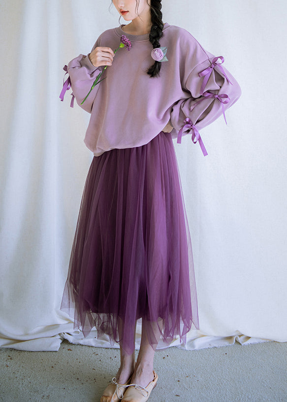 Loose Purple Bow Cotton Sweatshirt and Tulle Dress Two Pieces Set Fall