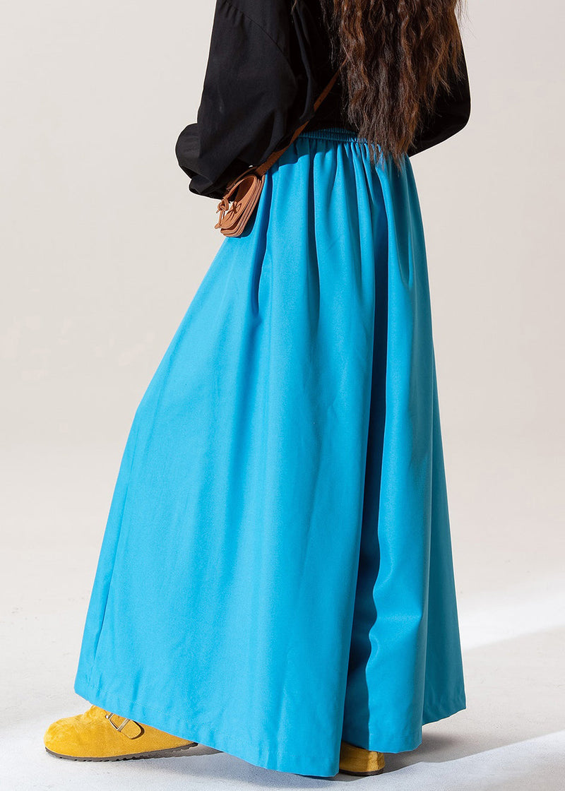 Blue Ruffled Elastic Waist Cotton Pants Fall