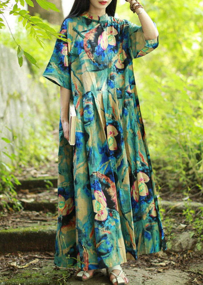 Blue Stand Collar Print Long Dress Short Sleeve