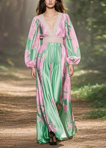 Pink V Neck Print Patchwork Silk Long Dresses Spring
