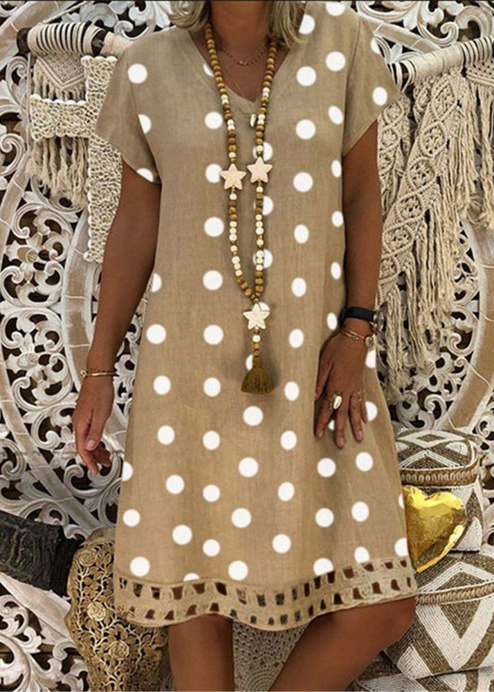 Khaki V Neck Dot Print Cotton Dress Summer