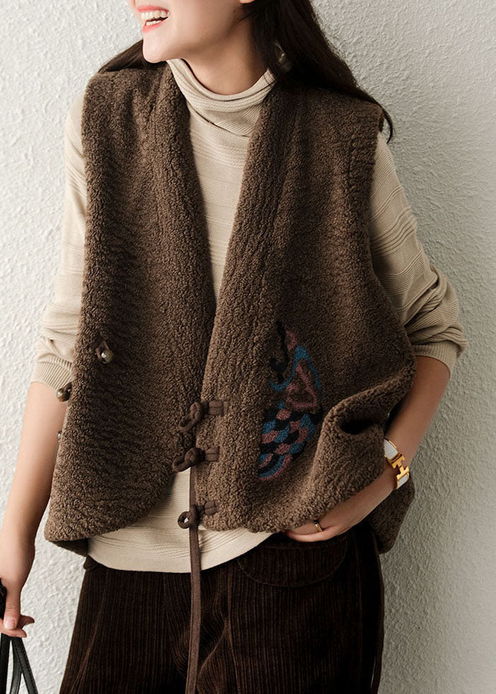 Diy Chocolate Embroidered Asymmetrical Design Faux Fur Vest Sleeveless